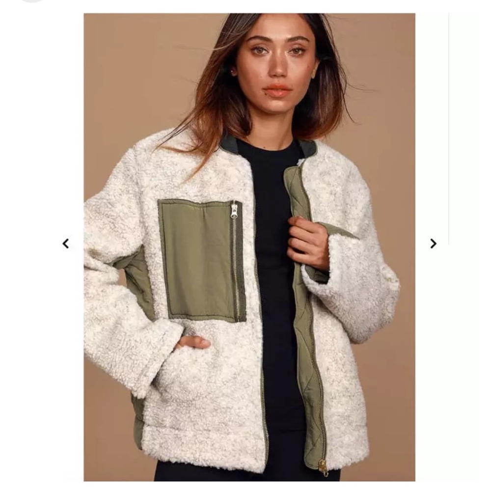 Free People We The Free Rivington Olive Green and Ivory Sherpa Jacket